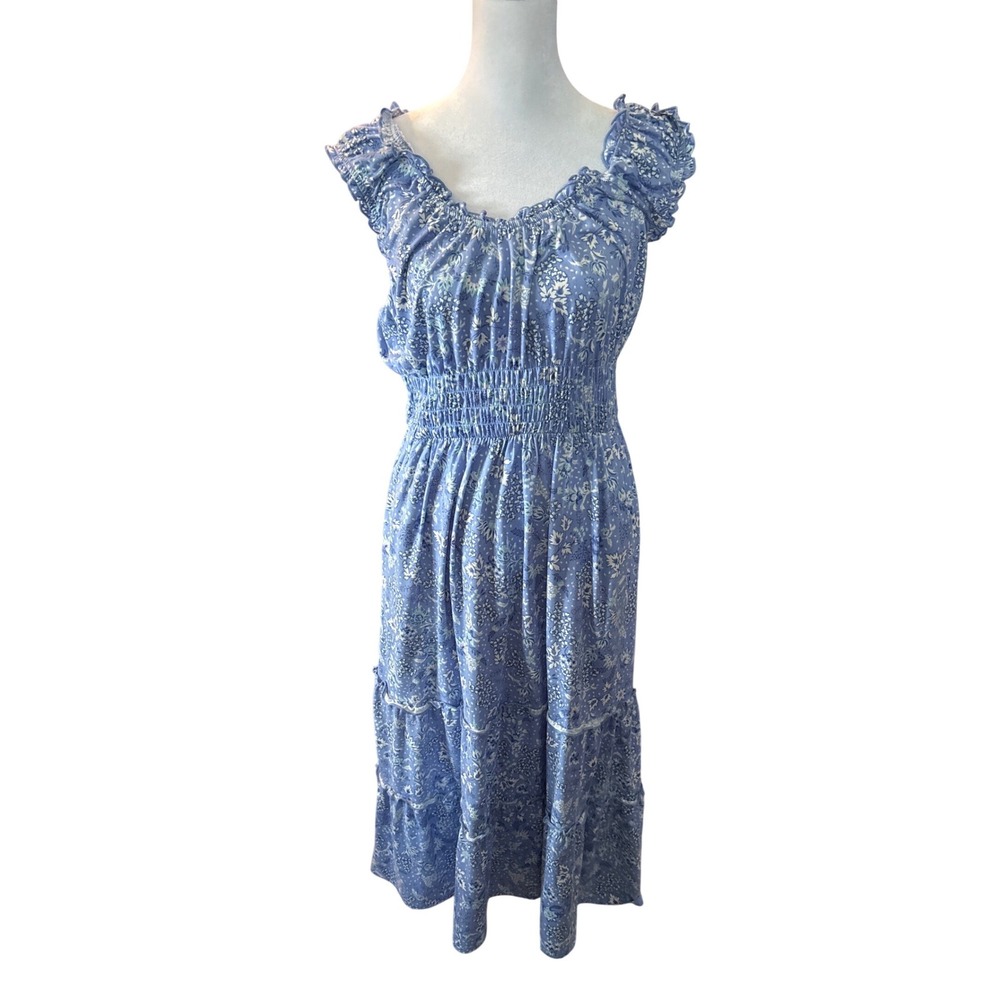 Lucky Brand Blue Floral Smocked Waist Tiered Midi Dress With Pockets Mens M